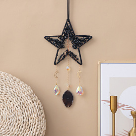 Copper Wire Wrapped Natural Black Quartz Chip Star with Tree of Life Pendant Decorations, Hanging Suncatchers, with Natural Agate and Glass Teardrop Charm