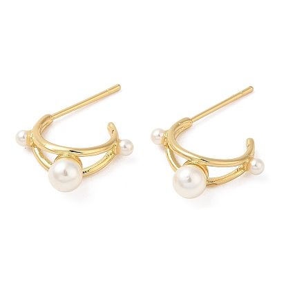 Rack Plating Brass Arch Stud Earrings with Pearl Beaded, Lead Free & Cadmium Free