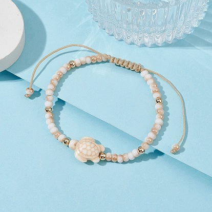 Turtle Synthetic Turquoise & Glass Braided Bead Bracelets, Adjustable Nylon Thread Bracelets for Women