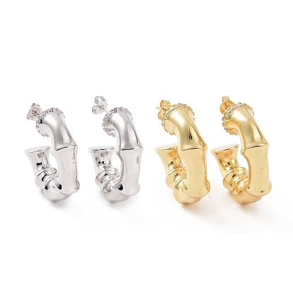 Clear Cubic Zirconia Bamboo Stick Stud Earrings, Brass Half Hoop Earrings for Women