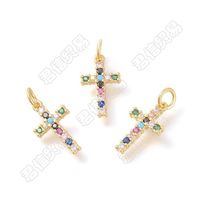 20Pcs Brass Micro Pave Colorful Cubic Zirconia Pendants, Cross