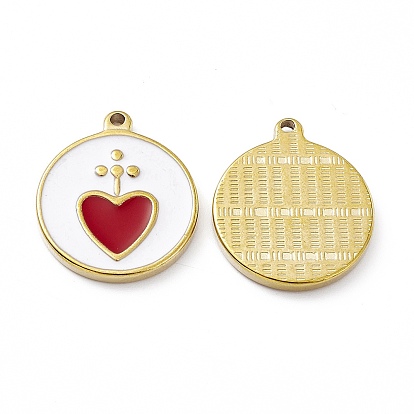 Vacuum Plating 201 Stainless Steel Pendants, with Enamel, Real 18K Gold Plated, Flat Round with Heart Charm