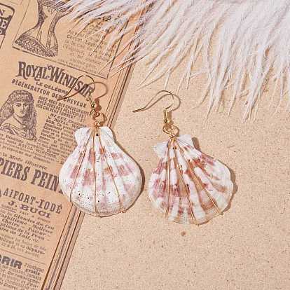 Boucle d'oreille pendante en coquille de pétoncle naturelle enveloppée de fil de cuivre pour femme, avec crochets de boucle d'oreille en laiton
