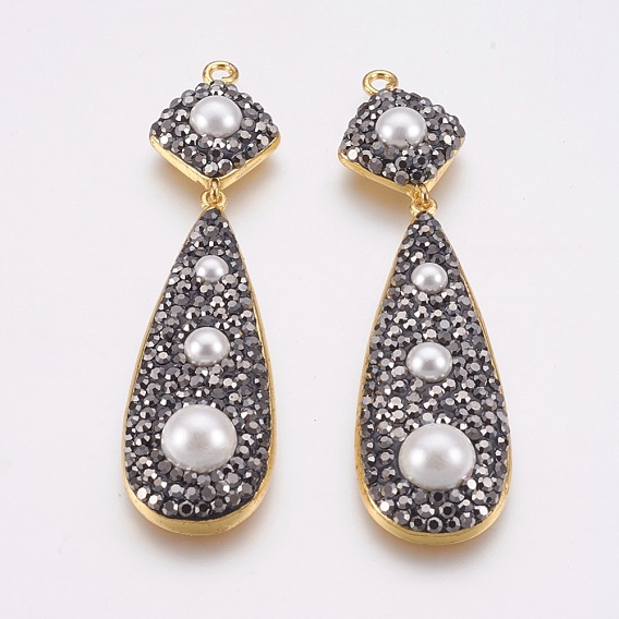 Латунные большие кулоны, с полимерной глины горный хрусталь и жемчуг, капля