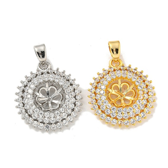 Rack Plating Brass Peg Bail Pendants Micro Pave Cubic Zirconia, Cadmium Free & Nickel Free & Lead Free, Flat Round with Flower