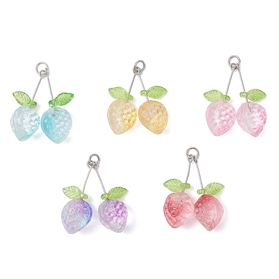 Прозрачный лак окрашенные стеклянные подвески, клубника, с подвеской в виде акрилового листика и 304 открытыми соединительными кольцами из нержавеющей стали