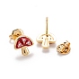 Brass Micro Pave Clear Cubic Zirconia Stud Earrings, with Enamel and Ear Nuts, Mushroom