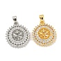 Rack Plating Brass Peg Bail Pendants Micro Pave Cubic Zirconia, Cadmium Free & Nickel Free & Lead Free, Flat Round with Flower