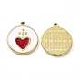 Vacuum Plating 201 Stainless Steel Pendants, with Enamel, Real 18K Gold Plated, Flat Round with Heart Charm