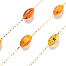 Handmade Oval Amber Beaded Chains, with Ion Plating(IP) 304 Stainless Steel Paperclip Chains, Unwelded