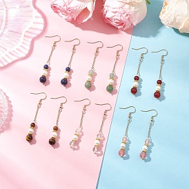 6 Pairs Shell Pearl Dangle Earrings, Round, with Cherry Quartz Glass, Natural Green Aventurine, Natural Carnelian, Natural Quartz Crystal and Dyed Natural Lapis Lazuli