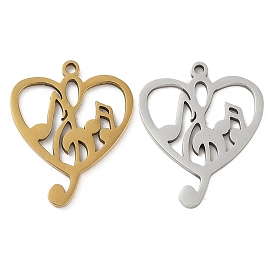 5Pcs 201 Stainless Steel Pendants, Laser Cut, Heart with Musical Note Charm