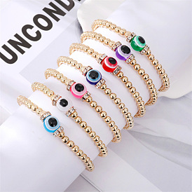 Colorful Eye Ball Elastic Bracelet with Handmade Beaded Round Evil Eye and Alloy Diamond Setting