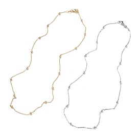 Brass Cable Chain Necklaces, with Round Beads and Lobster Claw Clasps, Long-Lasting Plated