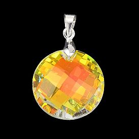 Цвет AB покрытием стеклянные подвески, плоские круглые прелести, с серебряными латунными скобами для ледоруба, граненые