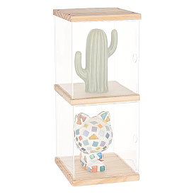 2-Tier Transparent Acrylic Minifigures Display Case, for Models, Building Blocks, Doll Display Holder Risers, with Wood Base & Top