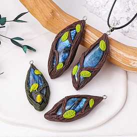 Polymer Clay Natural Labradorite Leaft Pendant Necklaces, Black PU Leather Cord Necklaces