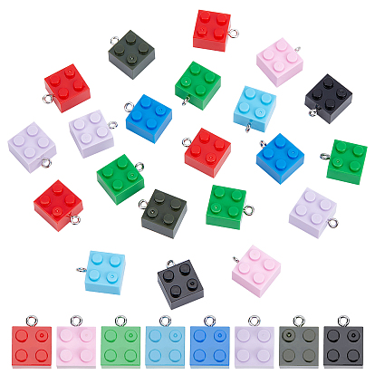 48Pcs 8 Colors Resin Pendants, with Platinum Iron Loop, Toy Bricks