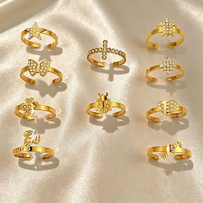 Ocean 304 Stainless Steel Rhinestone Cuff Open Rings, Golden