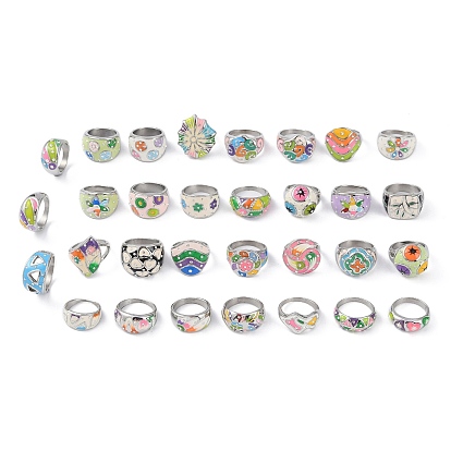 304 Stainless Steel Enamel Wide Finger Rings for Women, with Rhinestone