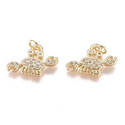 Brass Micro Pave Cubic Zirconia Pendants, with Jump Ring, Long-Lasting Plated, Crab