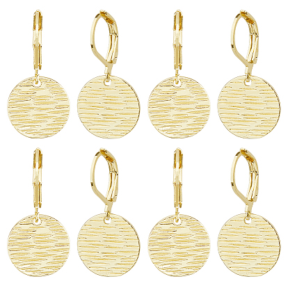 4 пары латунных текстурированных плоских круглых серег с застежкой-русалкой