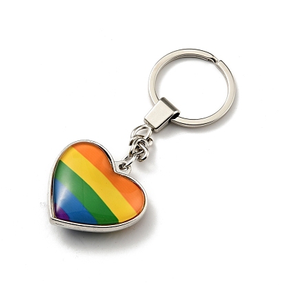 Pride Alloy Keychain, with Iron Ring and Glass, Heart with Rainbow Pattern