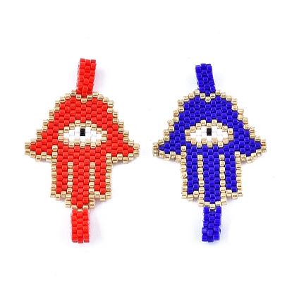 Handmade Seed Beads Links Connectors, with Elastic Thread, Loom Pattern, Hamsa Hand/Hand of Fatima /Hand of Miriam with Eye
