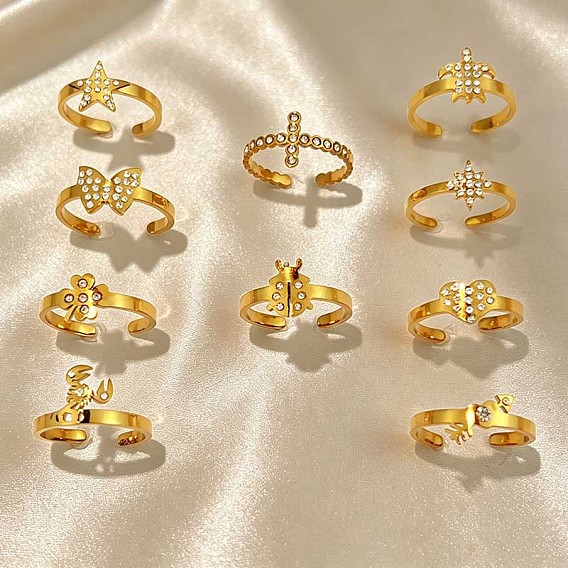 Ocean 304 Stainless Steel Rhinestone Cuff Open Rings, Golden
