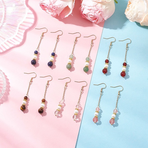 6 Pairs Shell Pearl Dangle Earrings, Round, with Cherry Quartz Glass, Natural Green Aventurine, Natural Carnelian, Natural Quartz Crystal and Dyed Natural Lapis Lazuli