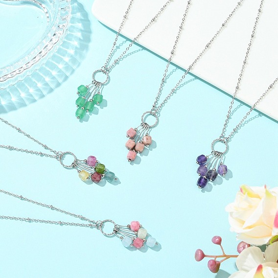 Natural Gemstone Faceted Cube Beaded Tassel Pendant 304 Stainless Steel Satellite Chain Necklaces for Women, Stainless Steel Color