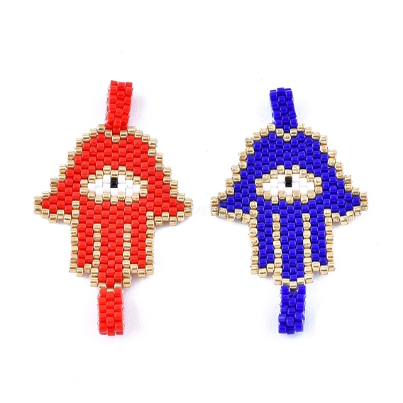Handmade Seed Beads Links Connectors, with Elastic Thread, Loom Pattern, Hamsa Hand/Hand of Fatima /Hand of Miriam with Eye
