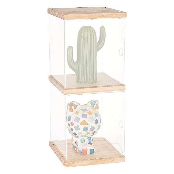 2-Tier Transparent Acrylic Minifigures Display Case, for Models, Building Blocks, Doll Display Holder Risers, with Wood Base & Top