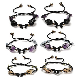 Bracelet de perles tressées avec pépites de pierres précieuses naturelles et synthétiques mélangées, bracelet réglable papillon