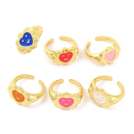 Brass Open Cuff Rings, Cloud with Heart Enamel Ring for Women, Lead Free & Cadmium Free, Real 18K Gold Plated