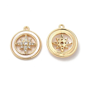 Brass Micro Pave Cubic Zirconia Pendant, with Shell, Flat Round with Star Charms