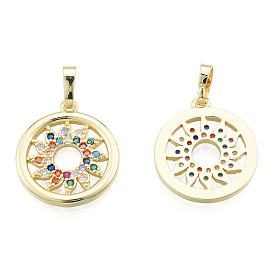 Brass Micro Pave Colorful Cubic Zirconia Pendants, with Brass Snap on Bails, Nickel Free, Hollow, Flower