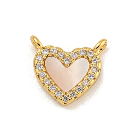 Rack Plating Brass Pave Clear Cubic Zirconia Heart Charms with Natural Shell, Long-Lasting Plated, Cadmium Free & Lead Free