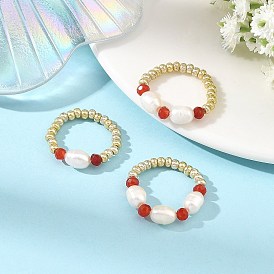 Natural Malaysia Jade Finger Rings, Glass Seed Beads and Natural Cultured Freshwater Pearl Beads Stretch Rings