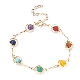 Bracelet chaîne à maillons et anneau en laiton, bracelet thème chakra avec pierres précieuses synthétiques et naturelles mélangées