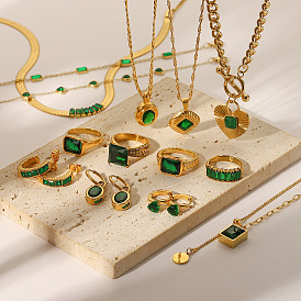 Fashion Green Zircon Series Necklace Earrings Bracelet Ring Ladies Stainless Steel Jewelry
