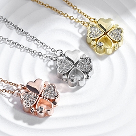 2 in 1 Four Crystal Rhinestone Clover Pendant Necklace, Alloy Magnetic Heart Necklace for Women
