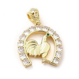 Brass Micro Pave Cubic Zirconia Pendants, Long-Lasting Plated, Real 18K Gold Plated, Horseshoe with Rooster