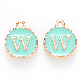 Golden Plated Alloy Enamel Charms, Cadmium Free & Lead Free, Enamelled Sequins, Flat Round with Letter