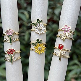 Brass Micro Pave Cubic Zirconia Cuff Open Rings for Women, with Enamel, Flower, Real 18K Gold Plated