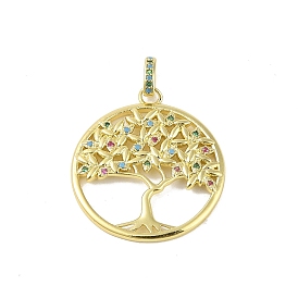 Brass Micro Pave Cubic Zirconia Pendants, Real 18K Gold Plated, Tree of Life