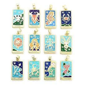Rack Plating Brass Micro Pave Clear Cubic Zirconia Pendants, with Enamel, Cadmium Free & Lead Free, Real 18K Gold Plated, Rectangle with Constellations Charm