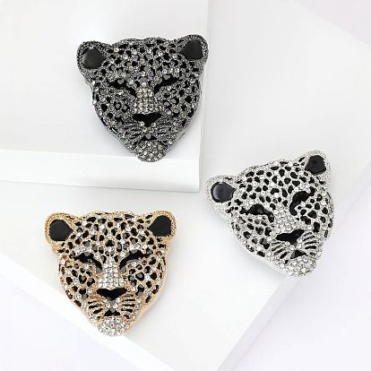 Head of Leopard Rhinestone Pins, Alloy Brooches for Unisex Gift