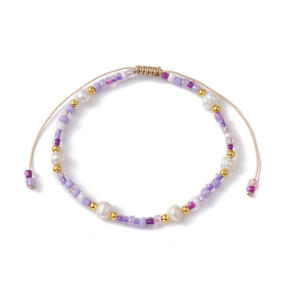 3Pcs 3 Color Natural Pearl & Glass Seed Braided Bead Bracelets Set, Nylon Adjustable Bracelets