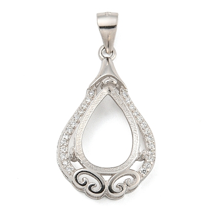 925 Sterling Silver Pendant Cabochon Settings, Prong Settings, with Cubic Zirconia, Rhinestone Claw Settings, Prong Settings, Teardrop